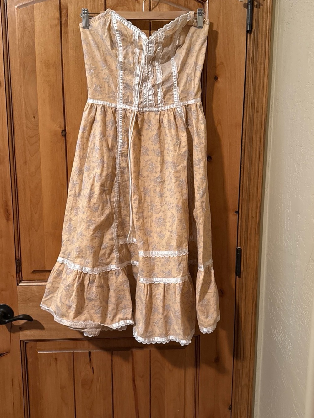 Gunne Sax Strapless Yellow Floral Dress with White Lace Trim
